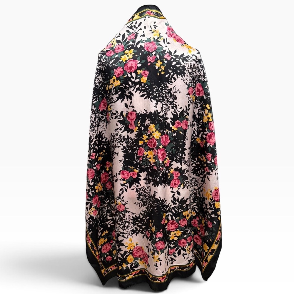 Vintage Black Pink Floral Rose Silk Square Scarf Oversized Shawl Women OS